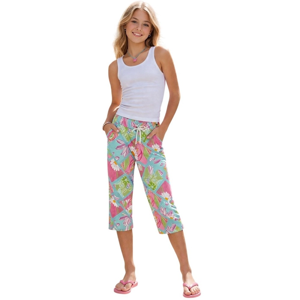 Lilly Pulitzer Patchwork Floral Crop Pants Girls Blue Pink Green Excellent 12